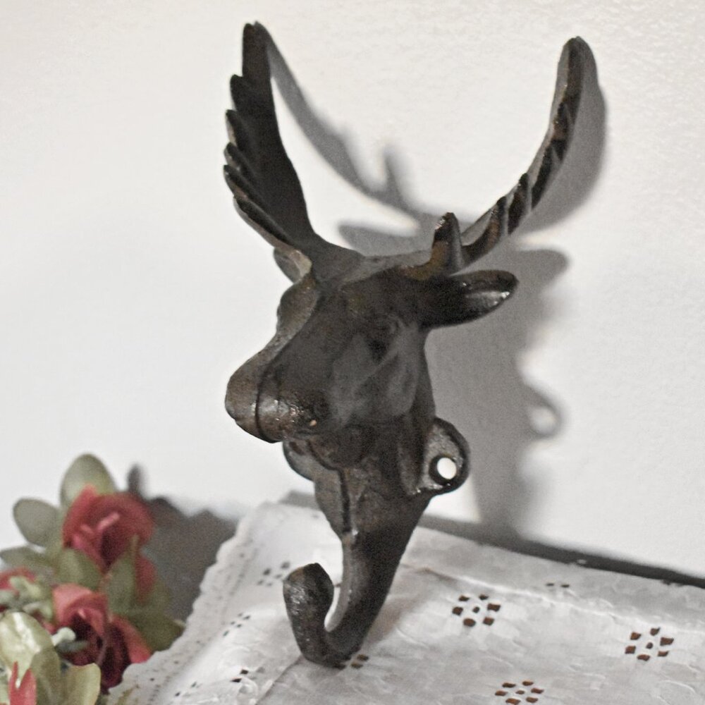 Rustic Cast Iron Metal Moose Animal Wall Hook Country Cabin Decor